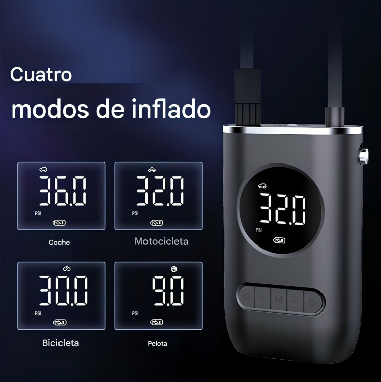 MINI COMPRESOR DE AIRE PORTÁTIL – INFLADO INTELIGENTE Y RÁPIDO EN CUALQUIER LUGAR