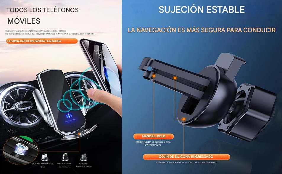 🚗 Cargador Inalámbrico Automotriz Q3 – Carga Rápida de 15 W con Sujeción Automática y Soporte Giratorio 360°