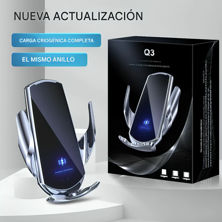 🚗 Cargador Inalámbrico Automotriz Q3 – Carga Rápida de 15 W con Sujeción Automática y Soporte Giratorio 360°