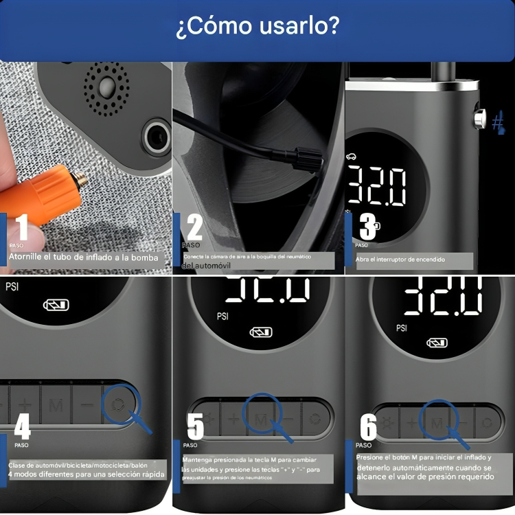 MINI COMPRESOR DE AIRE PORTÁTIL – INFLADO INTELIGENTE Y RÁPIDO EN CUALQUIER LUGAR