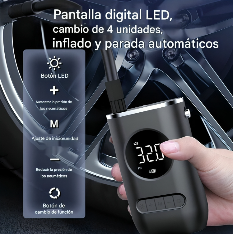 MINI COMPRESOR DE AIRE PORTÁTIL – INFLADO INTELIGENTE Y RÁPIDO EN CUALQUIER LUGAR