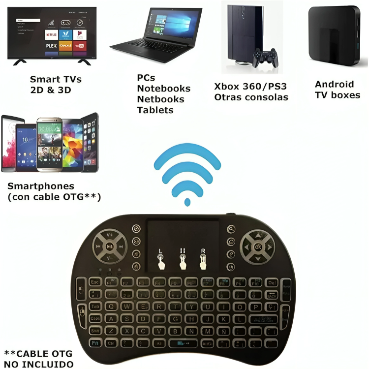 Mini Teclado Inalámbrico i8 2.4G con Touchpad – Retroiluminado RGB, Recargable y Portátil