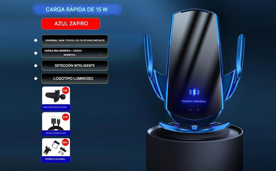 🚗 Cargador Inalámbrico Automotriz Q3 – Carga Rápida de 15 W con Sujeción Automática y Soporte Giratorio 360°